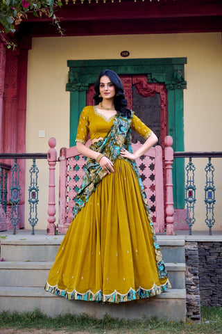 Elegant Vichitra Silk Embroidered Work Lehenga Set with Dupatta For Women