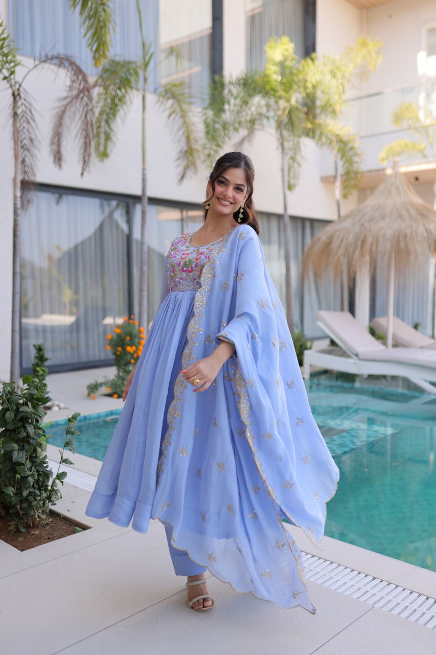 Elegant Mal Chanderi Beads Work Gown Set with Bottom and Dupatta
