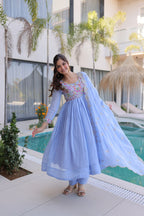 Elegant Mal Chanderi Beads Work Gown Set with Bottom and Dupatta
