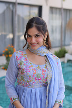 Elegant Mal Chanderi Beads Work Gown Set with Bottom and Dupatta
