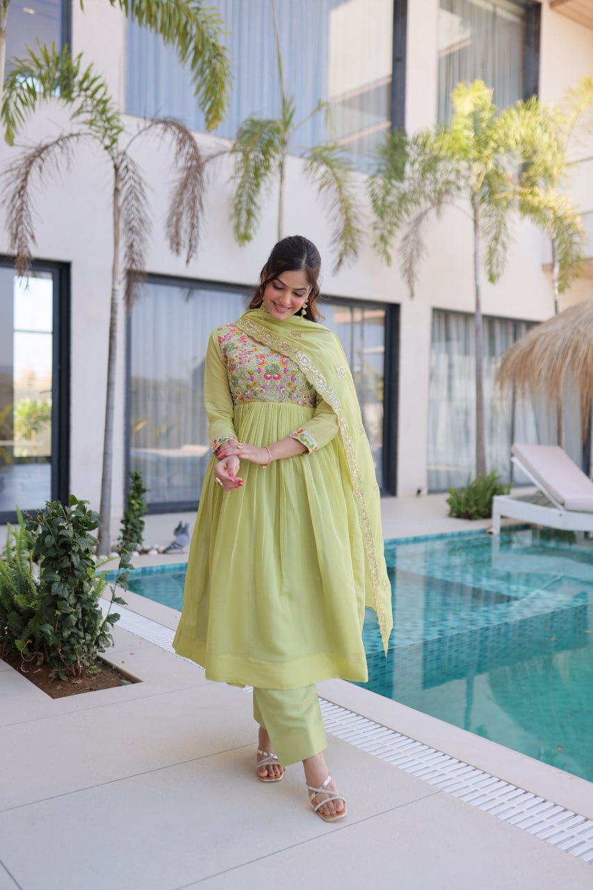 Elegant Mal Chanderi Beads Work Gown Set with Bottom and Dupatta
