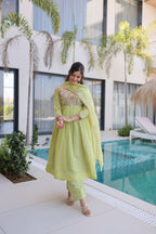 Elegant Mal Chanderi Beads Work Gown Set with Bottom and Dupatta
