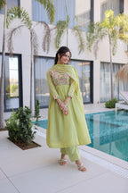 Elegant Mal Chanderi Beads Work Gown Set with Bottom and Dupatta
