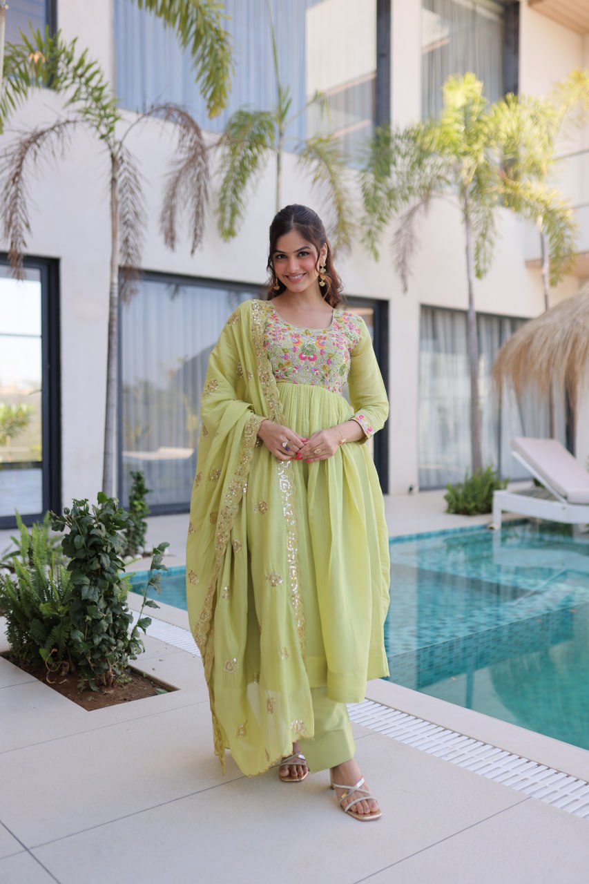 Elegant Mal Chanderi Beads Work Gown Set with Bottom and Dupatta
