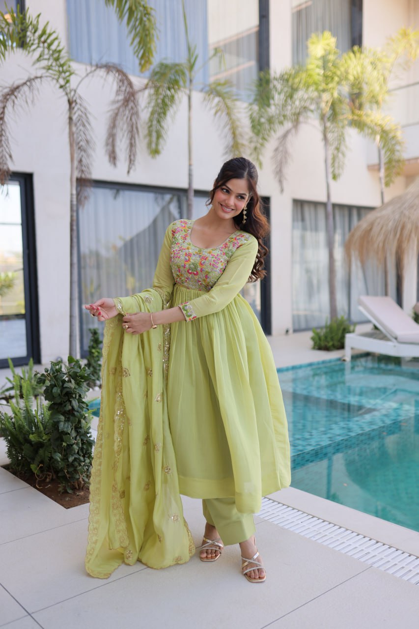 Elegant Mal Chanderi Beads Work Gown Set with Bottom and Dupatta
