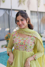 Elegant Mal Chanderi Beads Work Gown Set with Bottom and Dupatta
