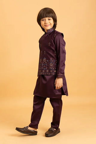 Purple Mirror Work Koti Kurta Set for Boys