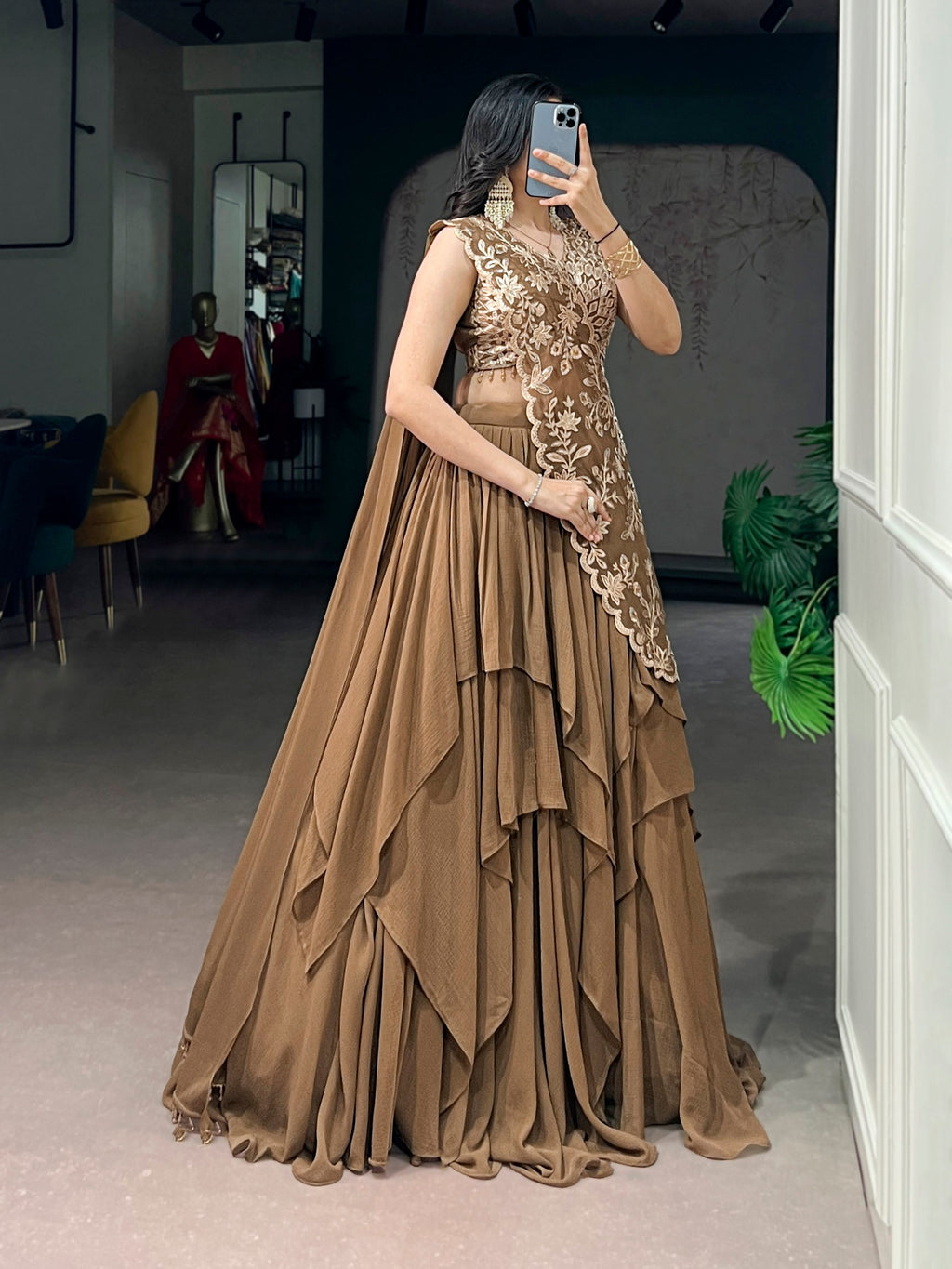 Heavy Coffee Marble Fabric Sequins Thread Work Lehenga Choli Set for Women
