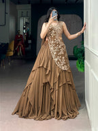 Heavy Coffee Marble Fabric Sequins Thread Work Lehenga Choli Set for Women
