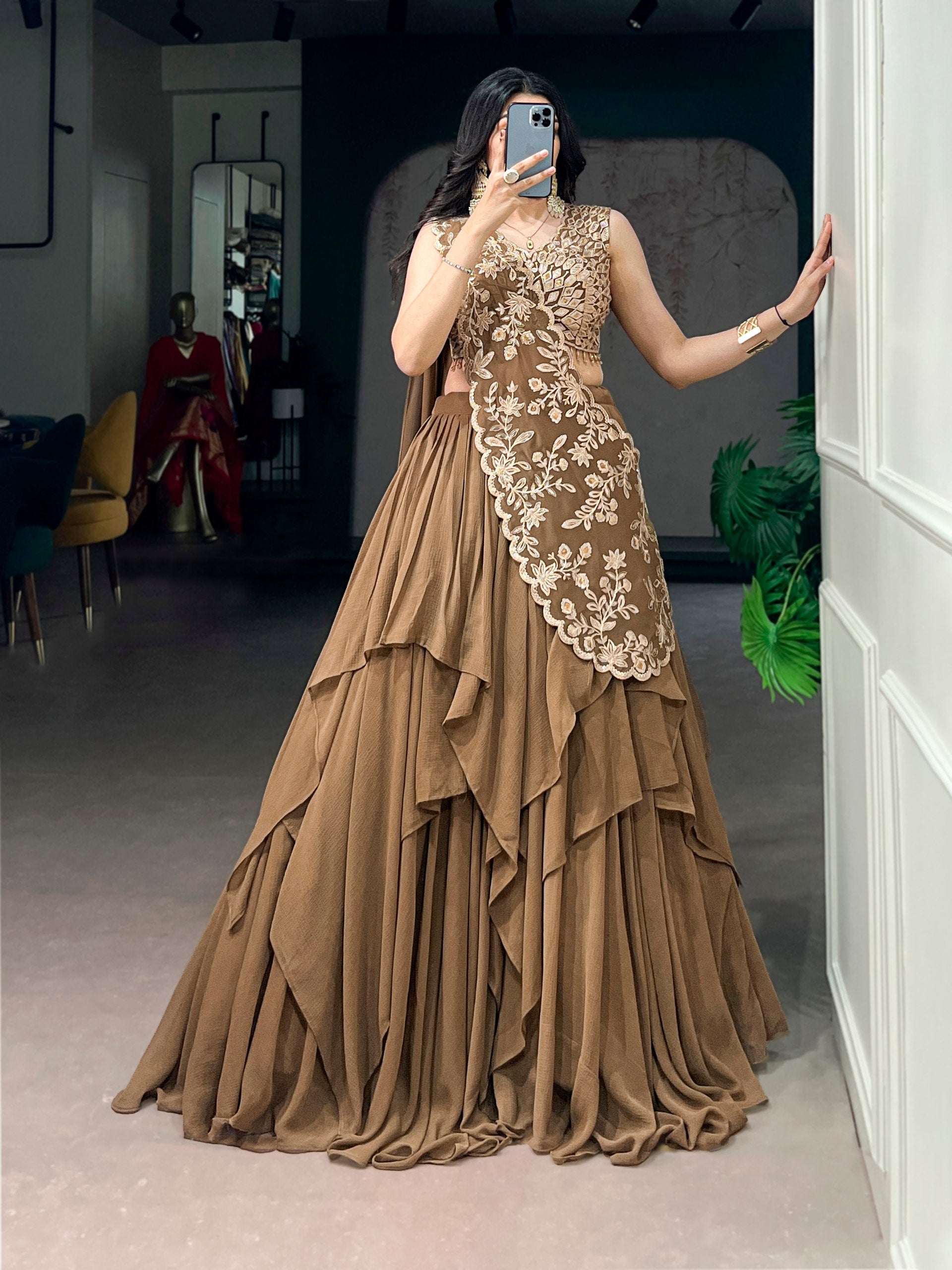 Heavy Coffee Marble Fabric Sequins Thread Work Lehenga Choli Set for Women
