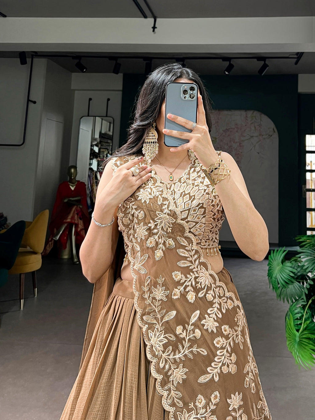Heavy Coffee Marble Fabric Sequins Thread Work Lehenga Choli Set for Women
