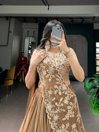 Heavy Coffee Marble Fabric Sequins Thread Work Lehenga Choli Set for Women
