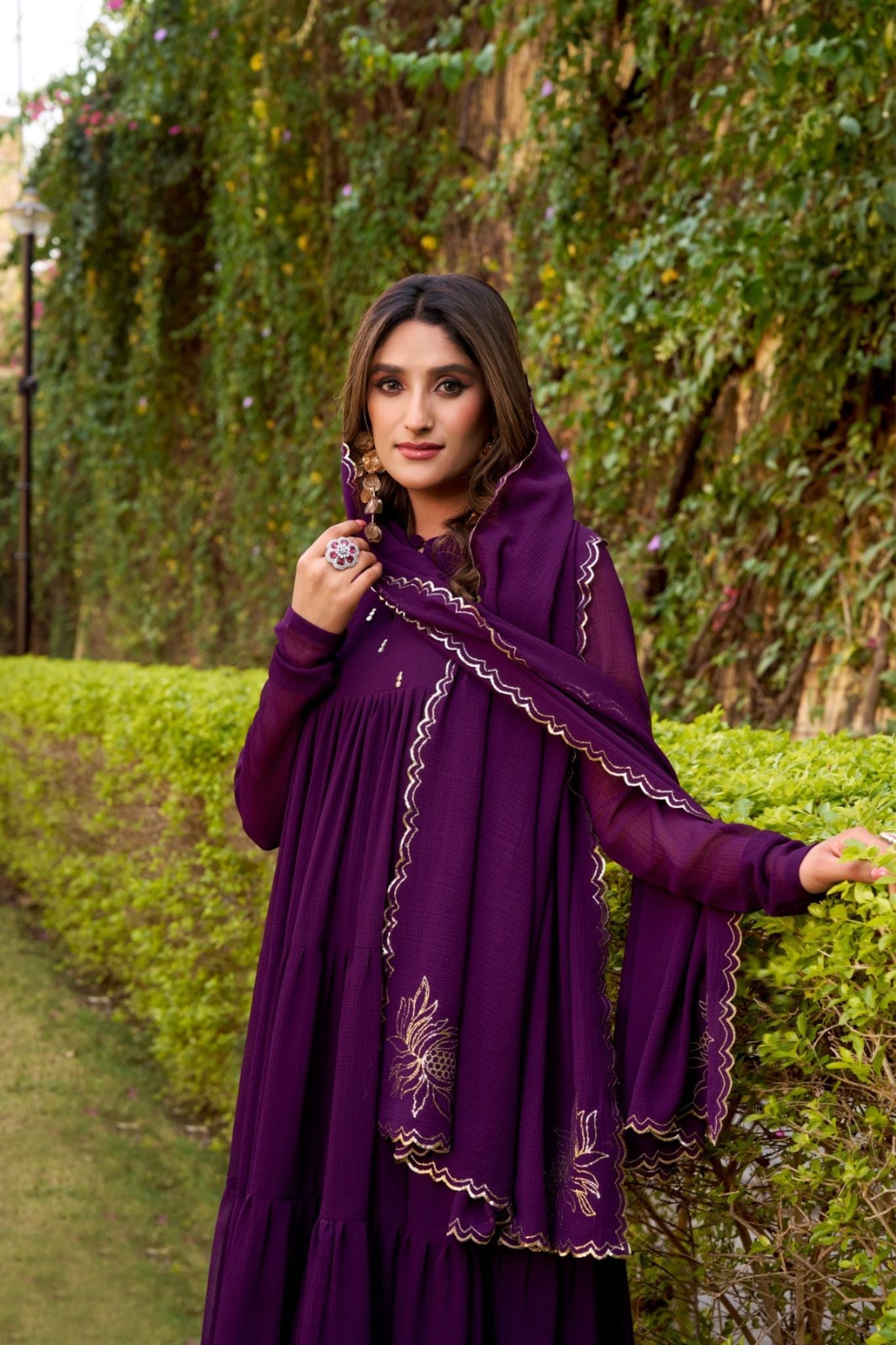 Ethereal Marble Refined Foil Work Anarkali Set With Flowing Dupatta