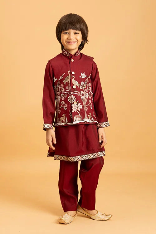 Kids Wedding Special Maroon Koti Kurta Set Outfit