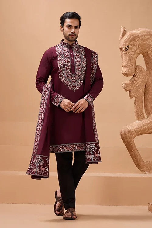 Latest Signature Maroon Kurta and Dupatta for Mens Wear
