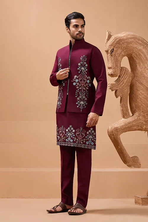 Maroon Color Traditional Special Koti Kurta Set for Men's Wear