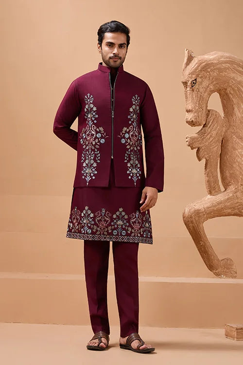 Maroon Color Traditional Special Koti Kurta Set for Men's Wear