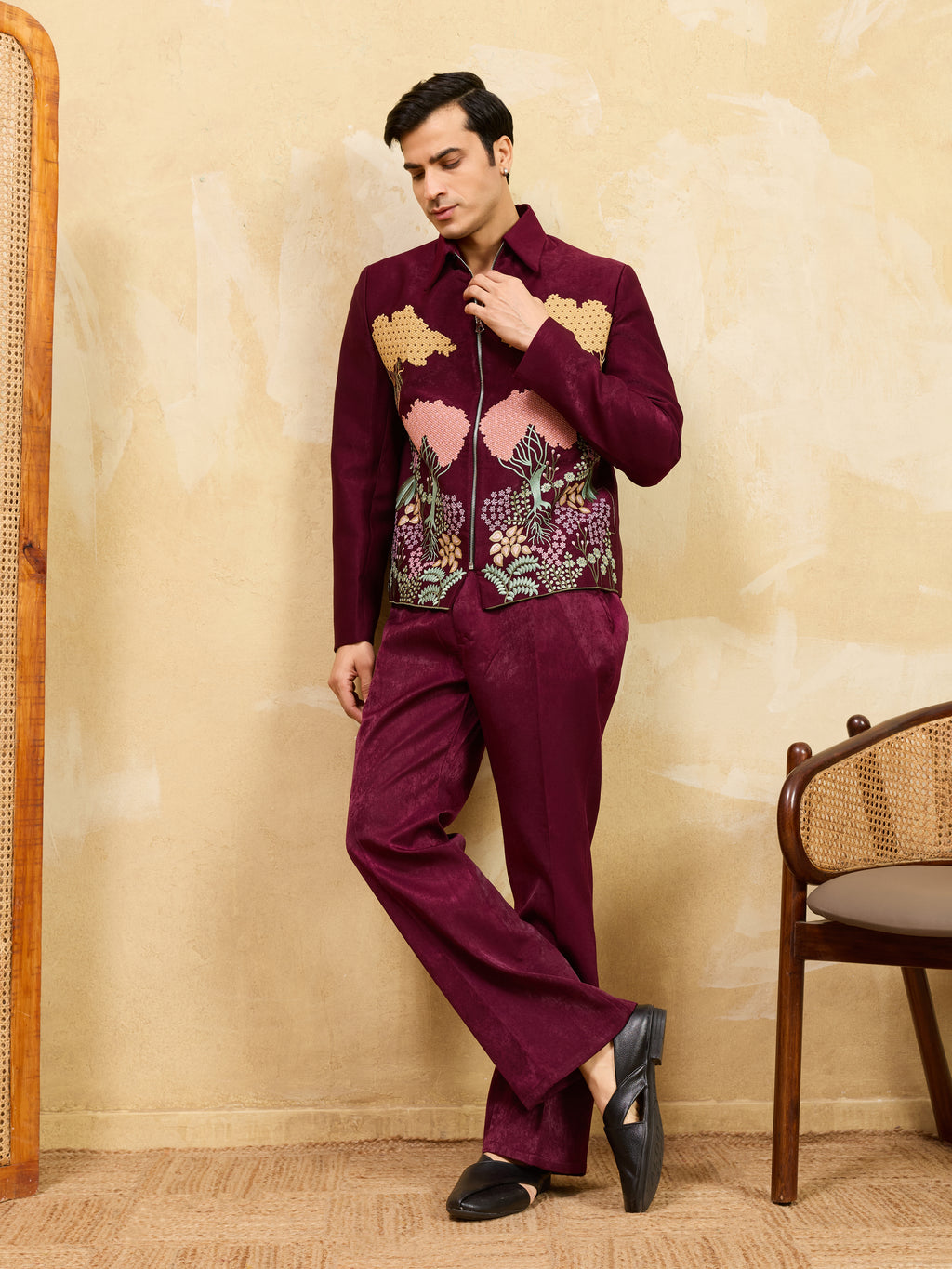 Elegant Maroon Bomber Jacket with Pant for Men's
