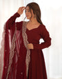 New Premium Quality Pure Romansilk Chanderi Fabric Fully Flair Anarkali With Dupatta Set, Pent Ready To Wear-Maroon
