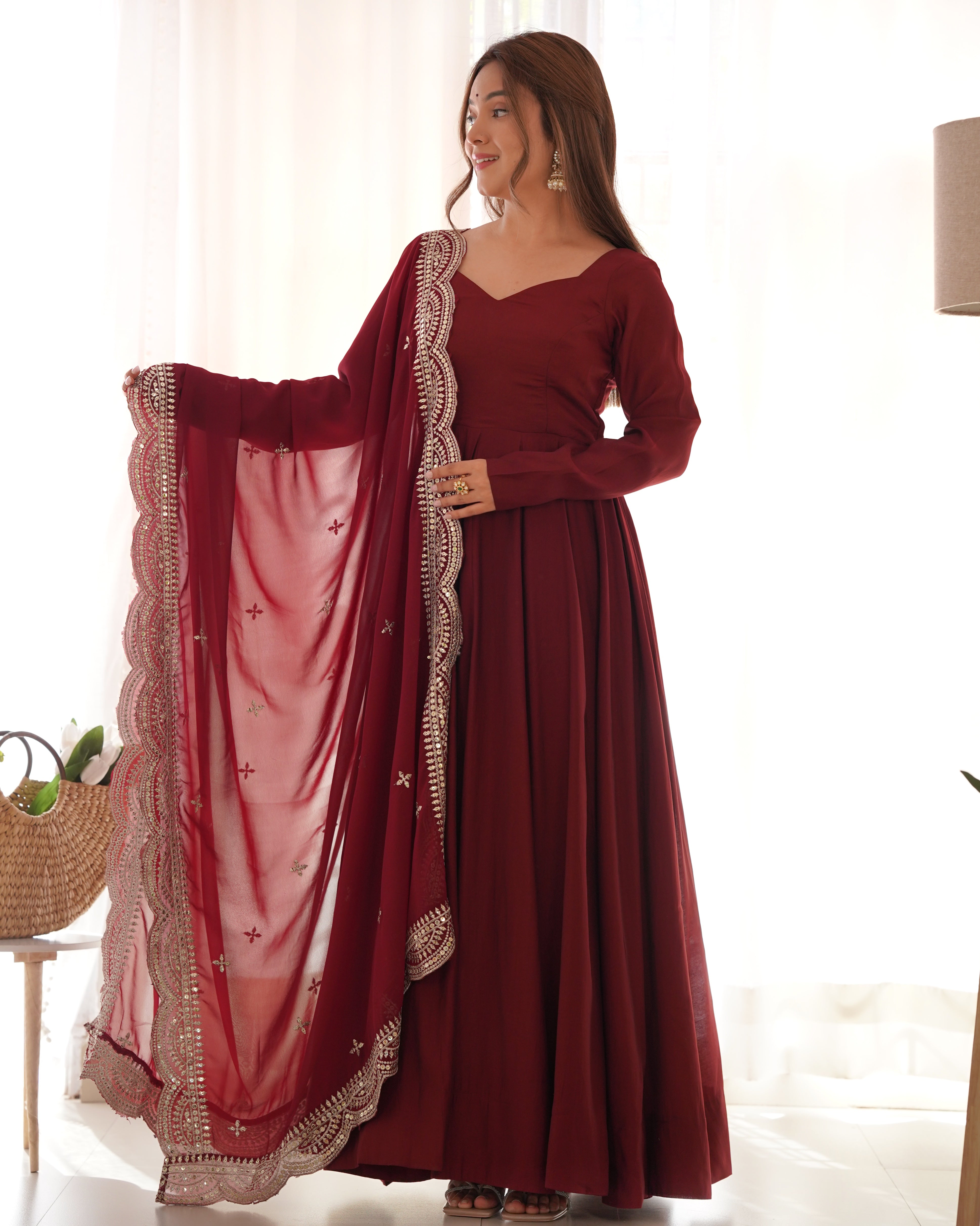 New Premium Quality Pure Romansilk Chanderi Fabric Fully Flair Anarkali With Dupatta Set, Pent Ready To Wear-Maroon