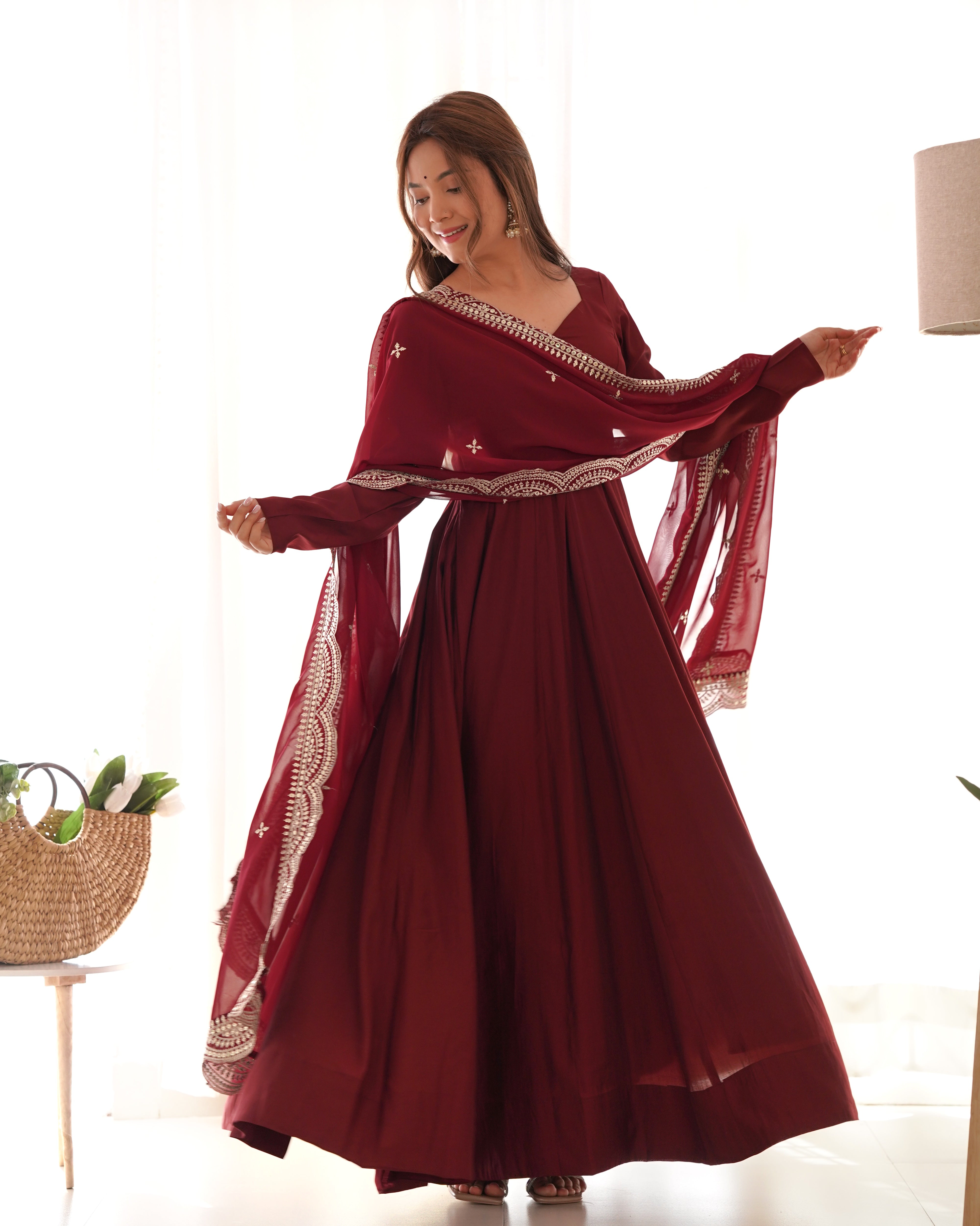 New Premium Quality Pure Romansilk Chanderi Fabric Fully Flair Anarkali With Dupatta Set, Pent Ready To Wear-Maroon