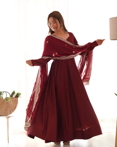 New Premium Quality Pure Romansilk Chanderi Fabric Fully Flair Anarkali With Dupatta Set, Pent Ready To Wear-Maroon