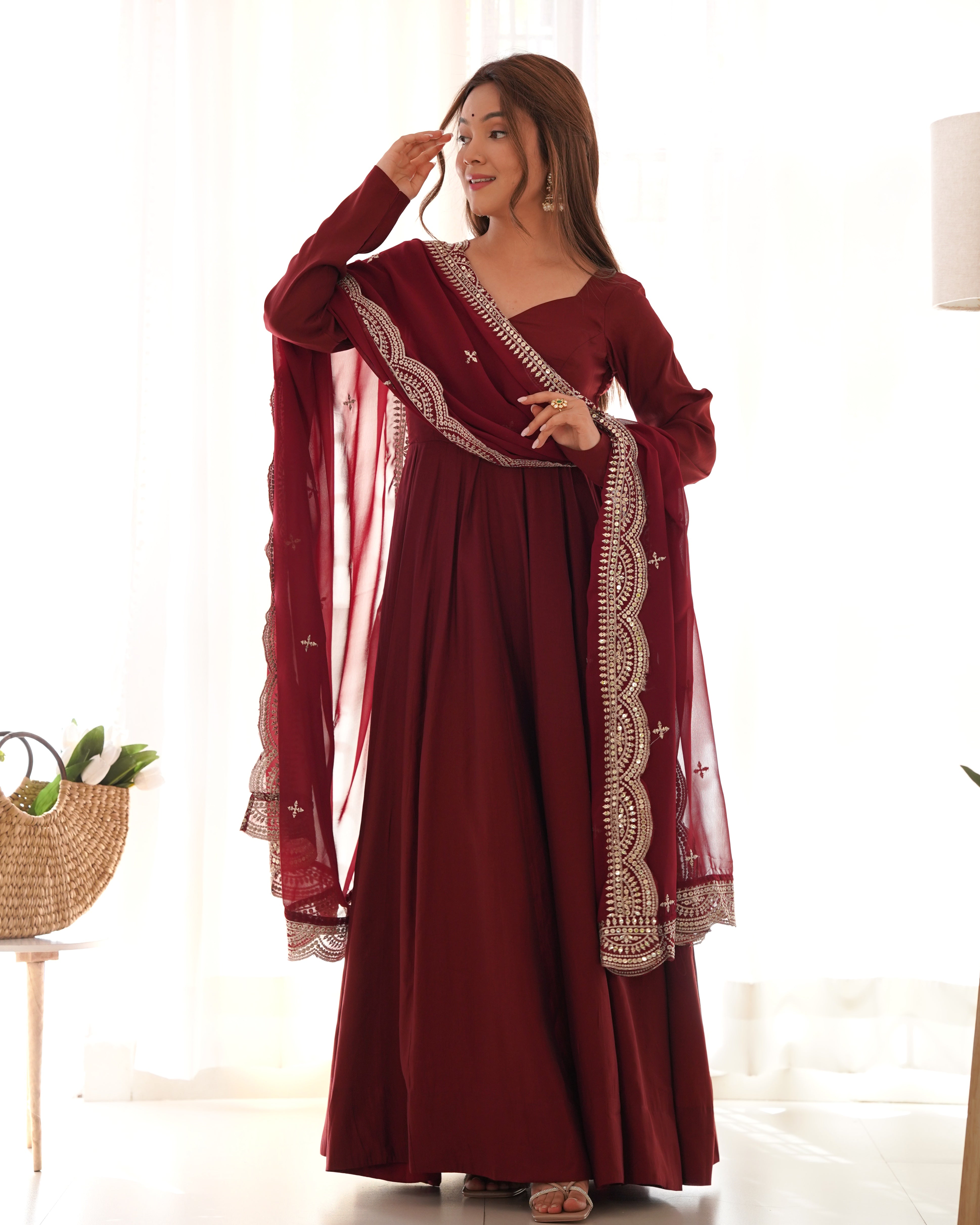 New Premium Quality Pure Romansilk Chanderi Fabric Fully Flair Anarkali With Dupatta Set, Pent Ready To Wear-Maroon
