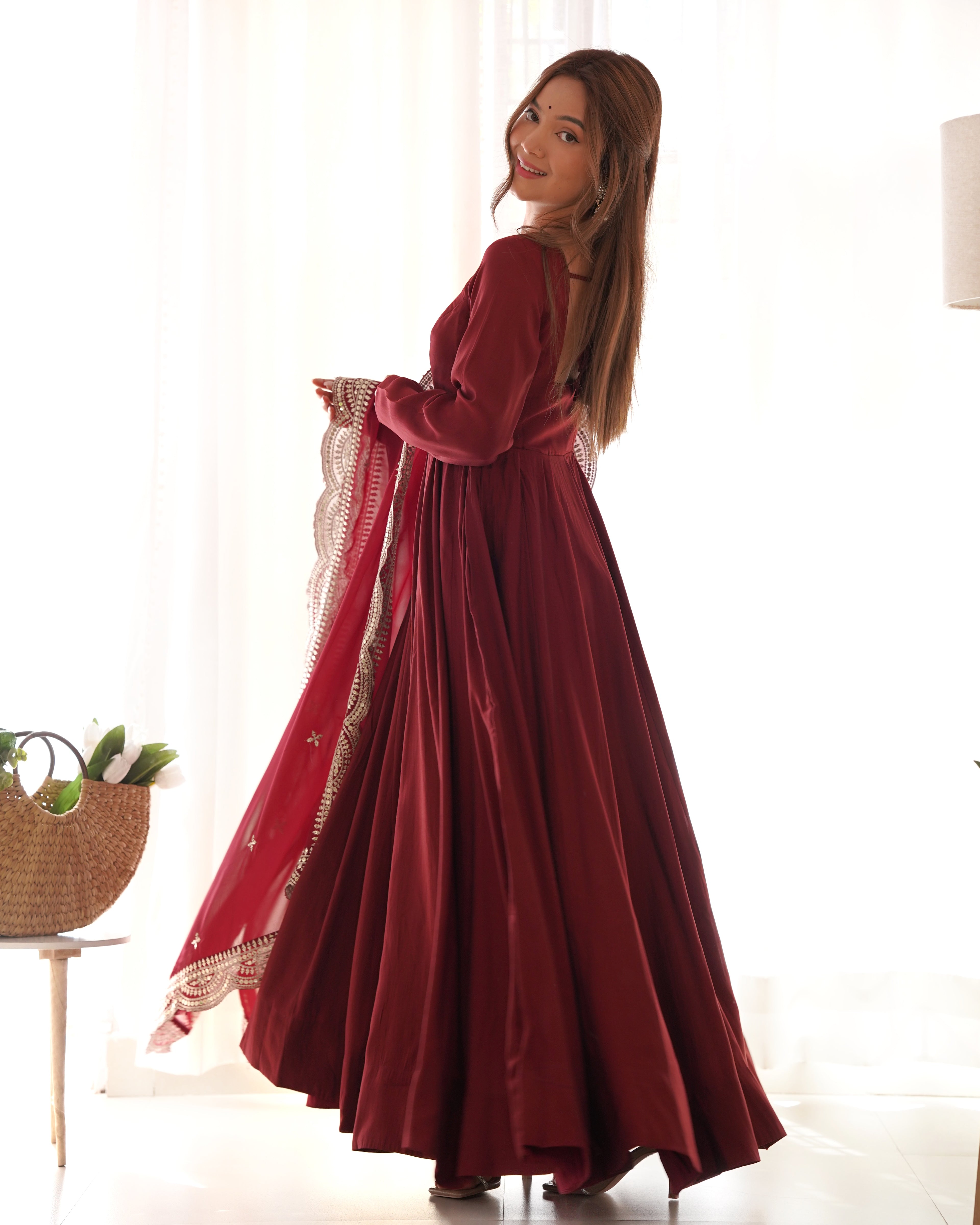 New Premium Quality Pure Romansilk Chanderi Fabric Fully Flair Anarkali With Dupatta Set, Pent Ready To Wear-Maroon
