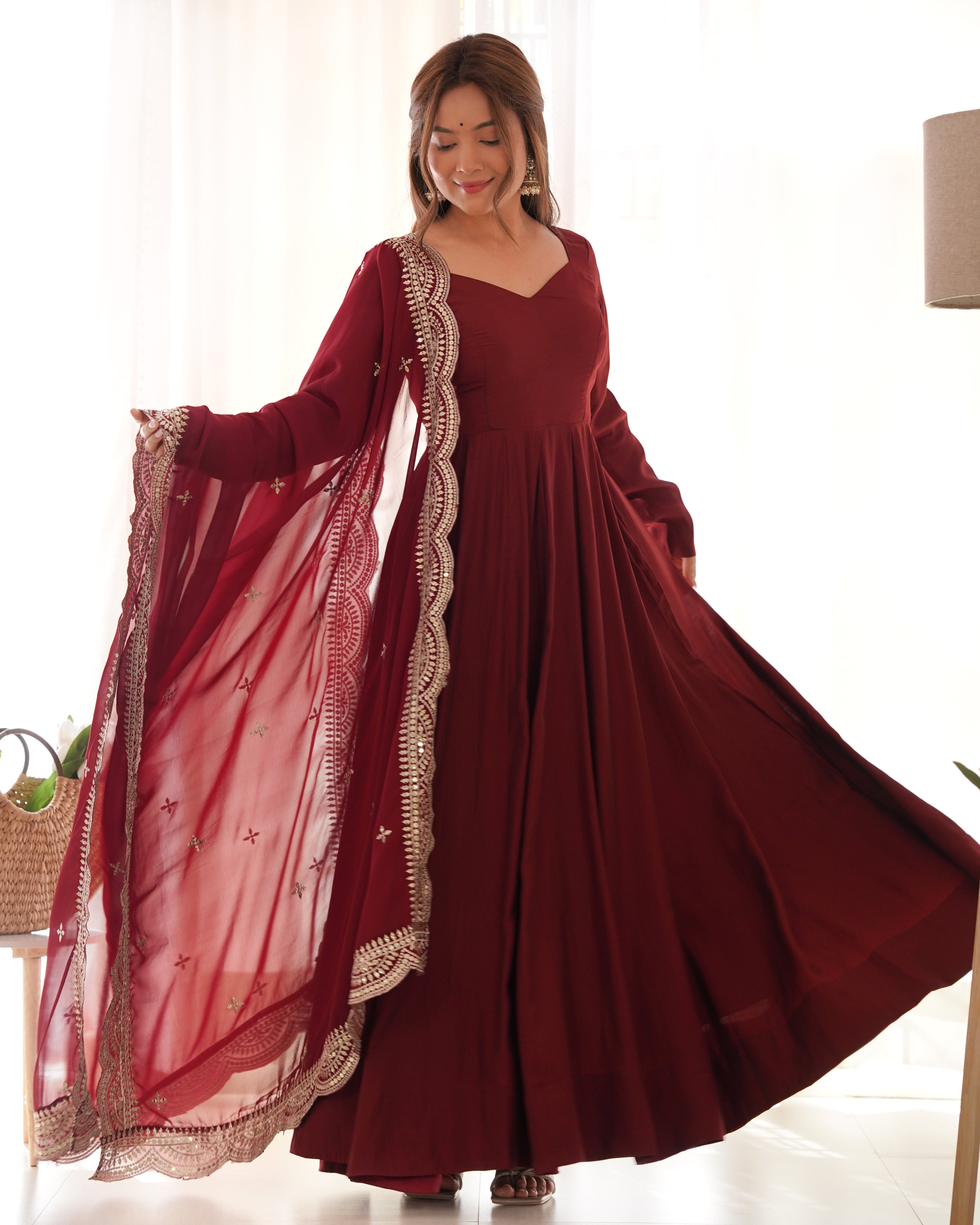 New Premium Quality Pure Romansilk Chanderi Fabric Fully Flair Anarkali With Dupatta Set, Pent Ready To Wear-Maroon