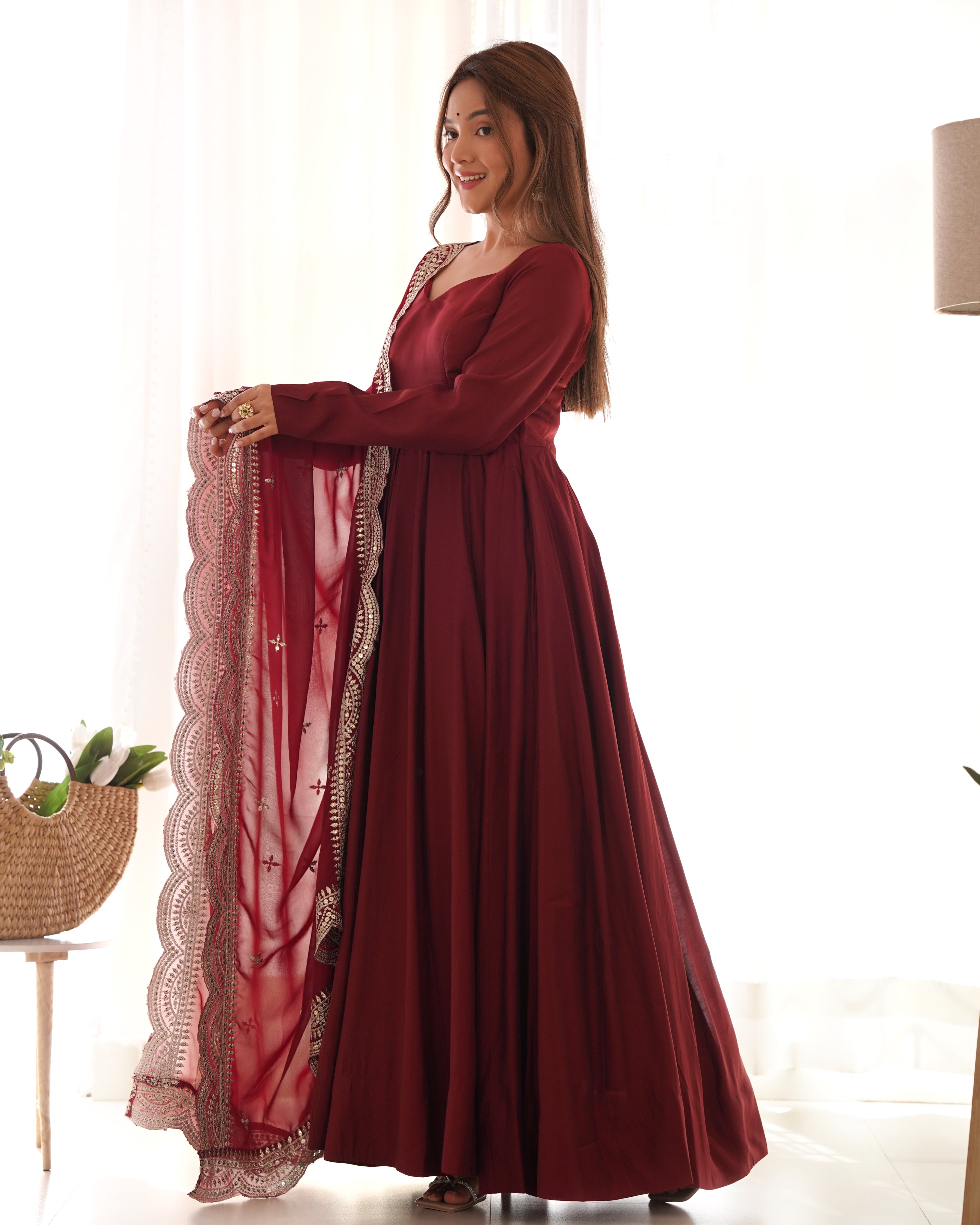New Premium Quality Pure Romansilk Chanderi Fabric Fully Flair Anarkali With Dupatta Set, Pent Ready To Wear-Maroon