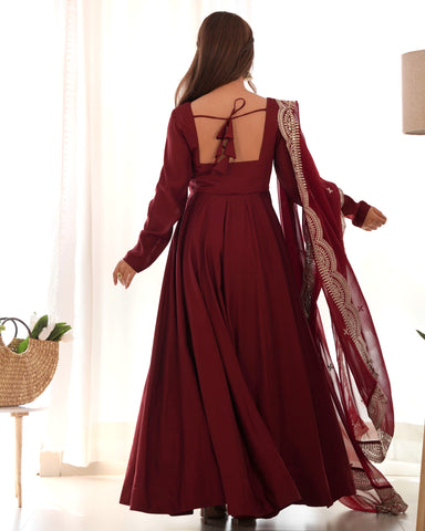 New Premium Quality Pure Romansilk Chanderi Fabric Fully Flair Anarkali With Dupatta Set, Pent Ready To Wear-Maroon