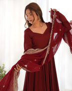 New Premium Quality Pure Romansilk Chanderi Fabric Fully Flair Anarkali With Dupatta Set, Pent Ready To Wear-Maroon