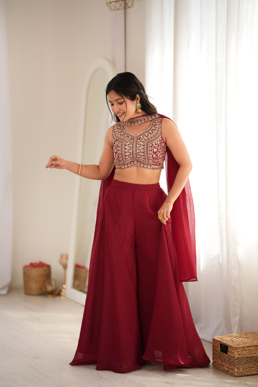 Designer Maroon Crunchy Silk Embroidered Work Crop Top Palazzo Set
