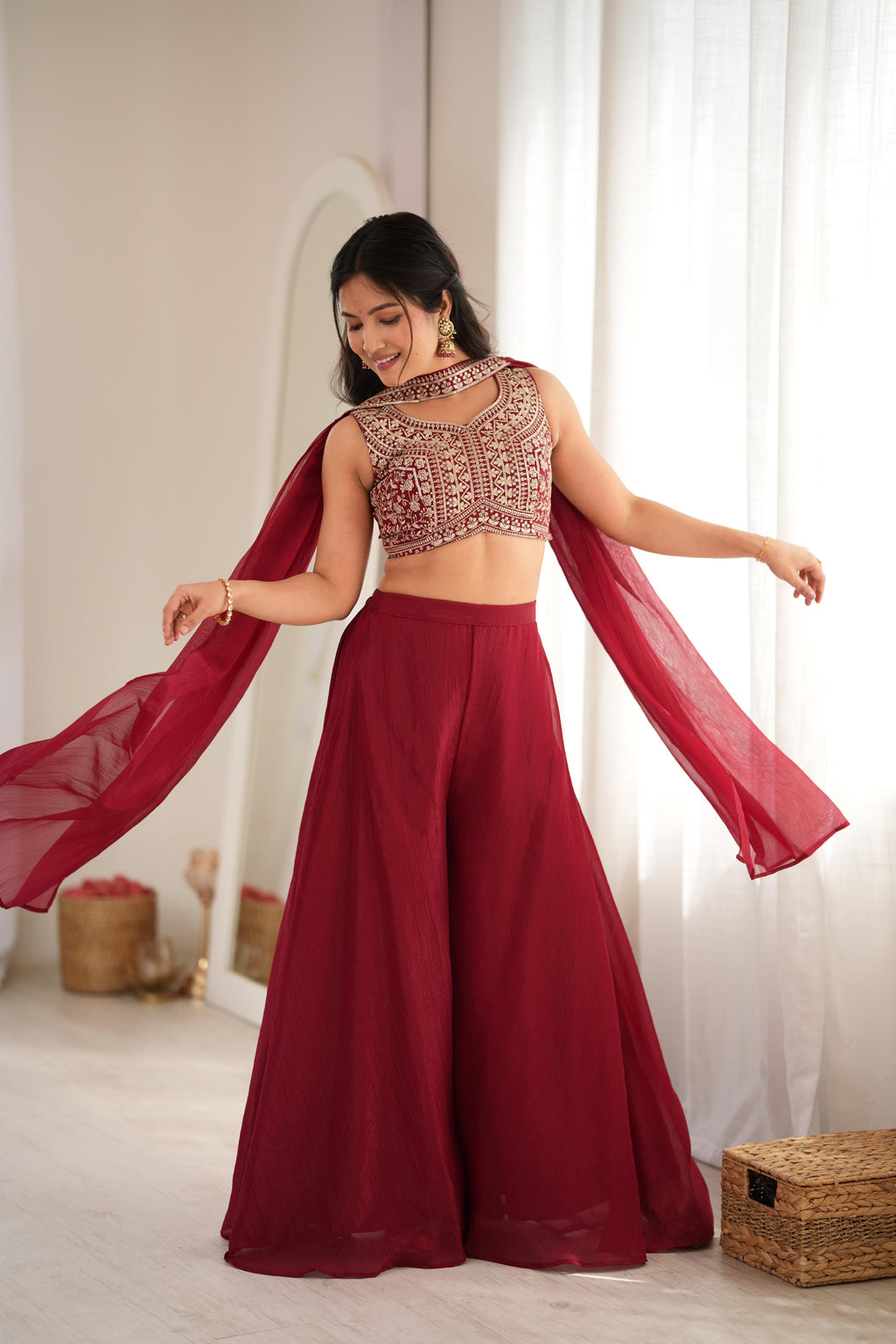 Designer Maroon Crunchy Silk Embroidered Work Crop Top Palazzo Set
