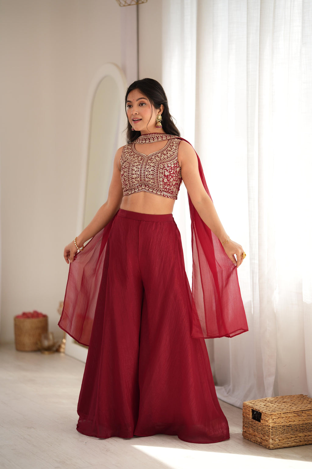 Designer Maroon Crunchy Silk Embroidered Work Crop Top Palazzo Set
