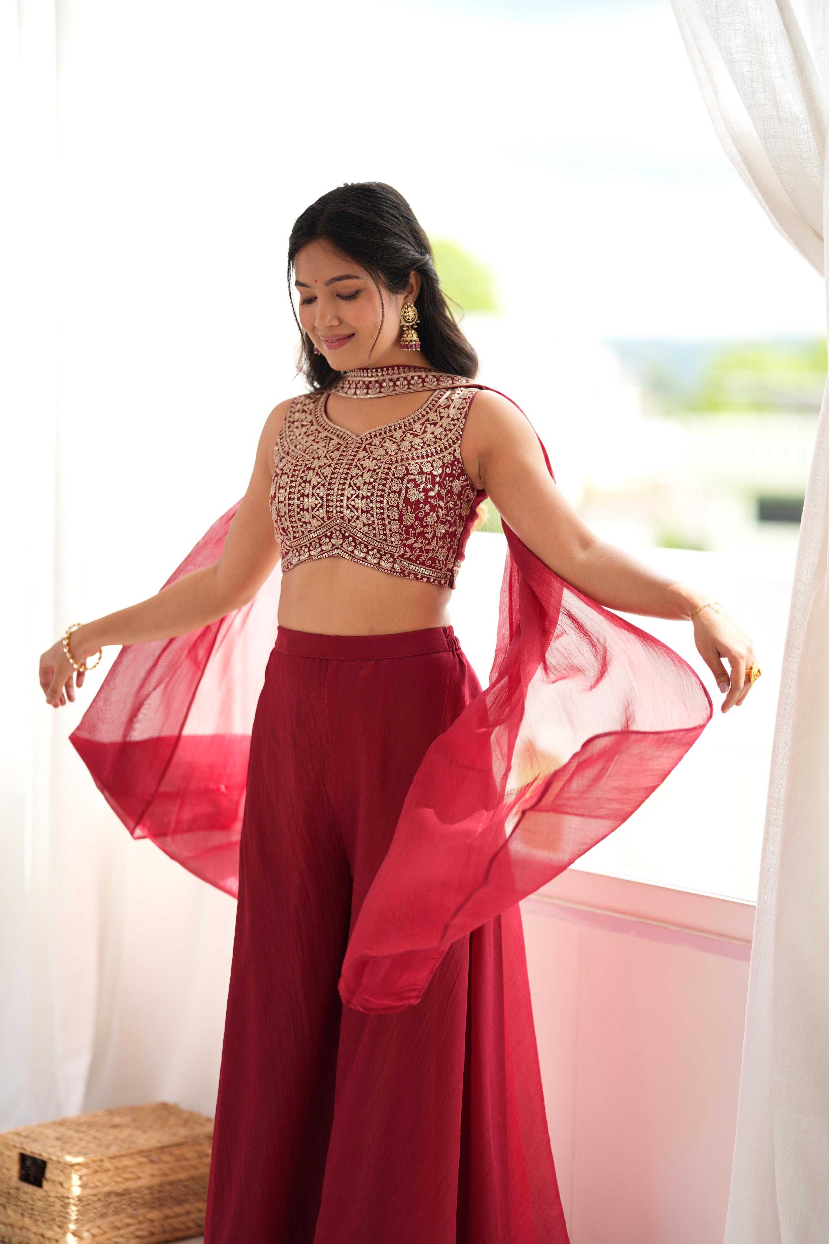 Designer Maroon Crunchy Silk Embroidered Work Crop Top Palazzo Set
