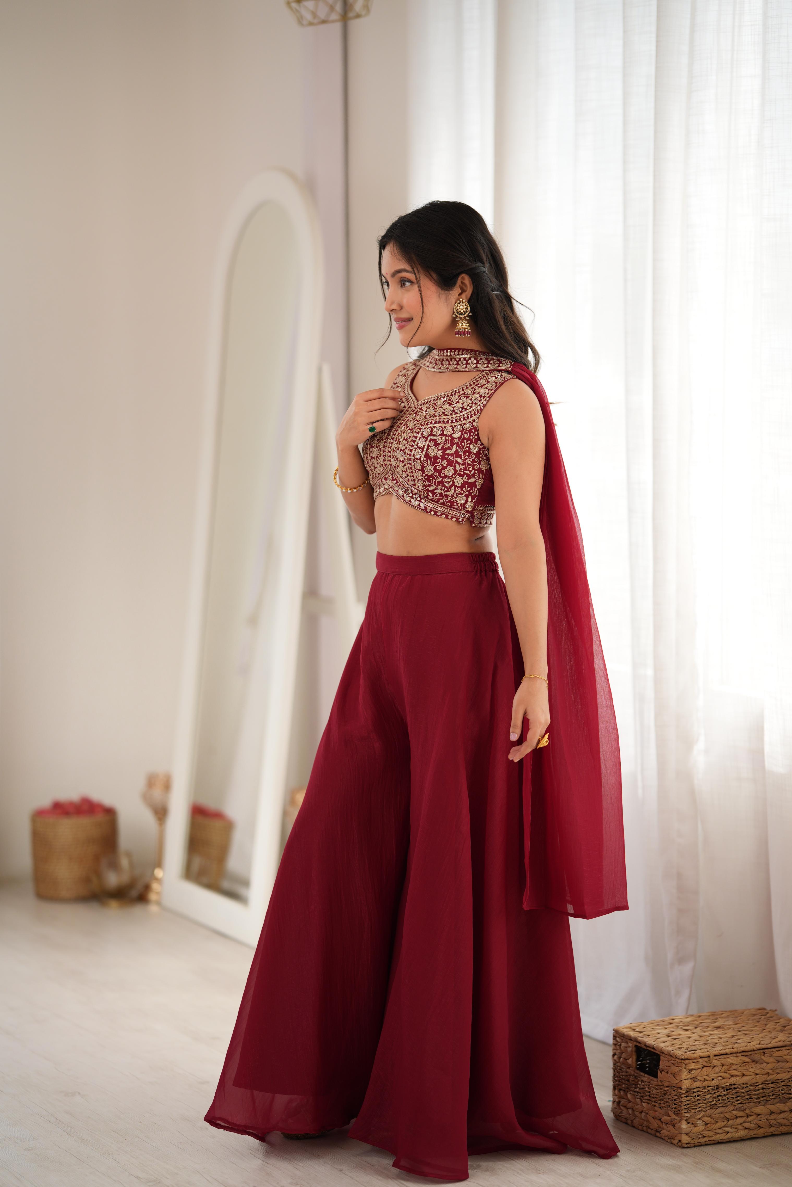 Designer Maroon Crunchy Silk Embroidered Work Crop Top Palazzo Set
