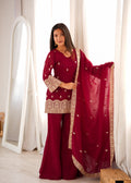 Trendy Maroon Crunchy Silk Fancy Work Kurta Pant Dupatta Set
