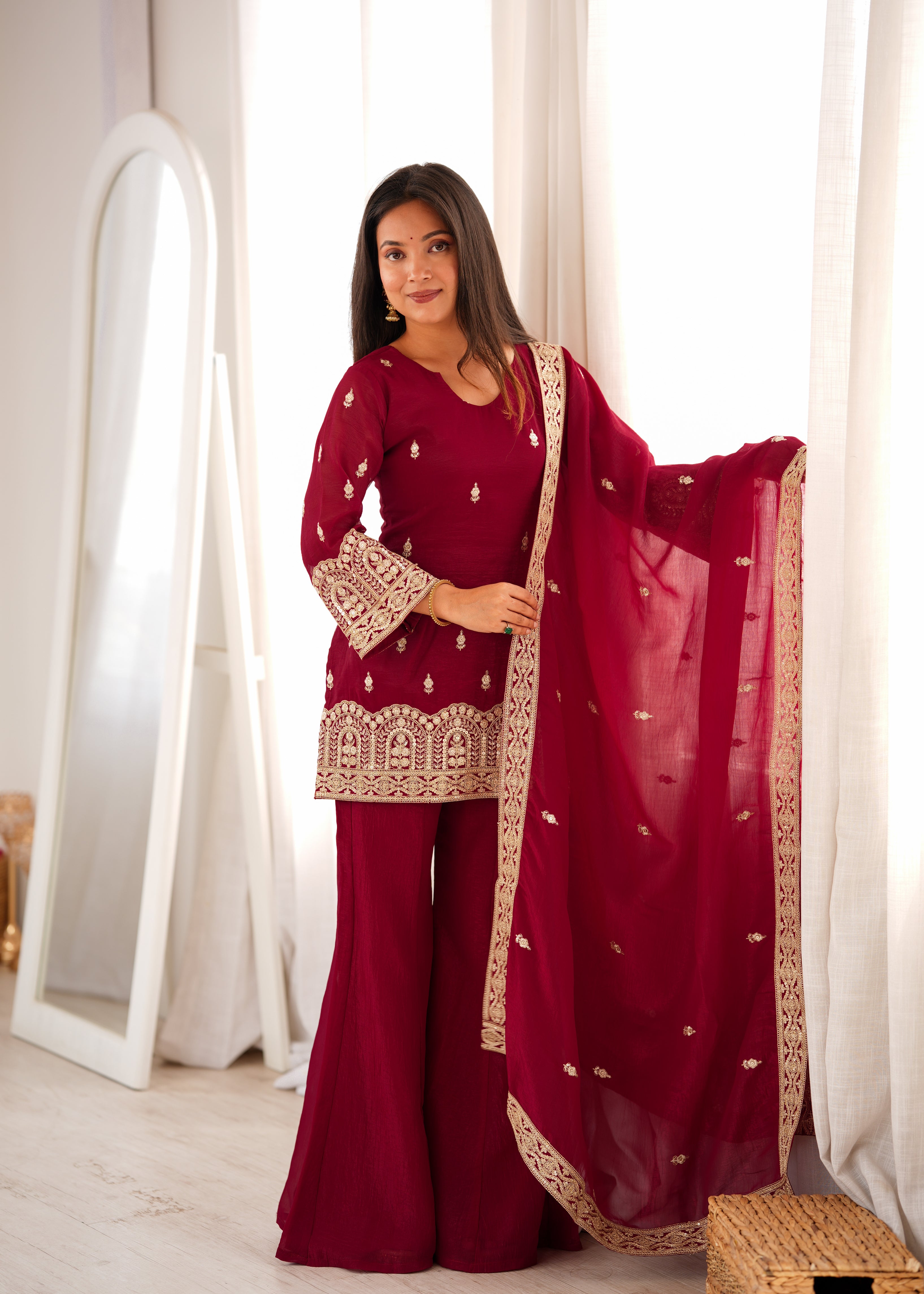 Trendy Maroon Crunchy Silk Fancy Work Kurta Pant Dupatta Set

