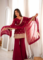 Trendy Maroon Crunchy Silk Fancy Work Kurta Pant Dupatta Set
