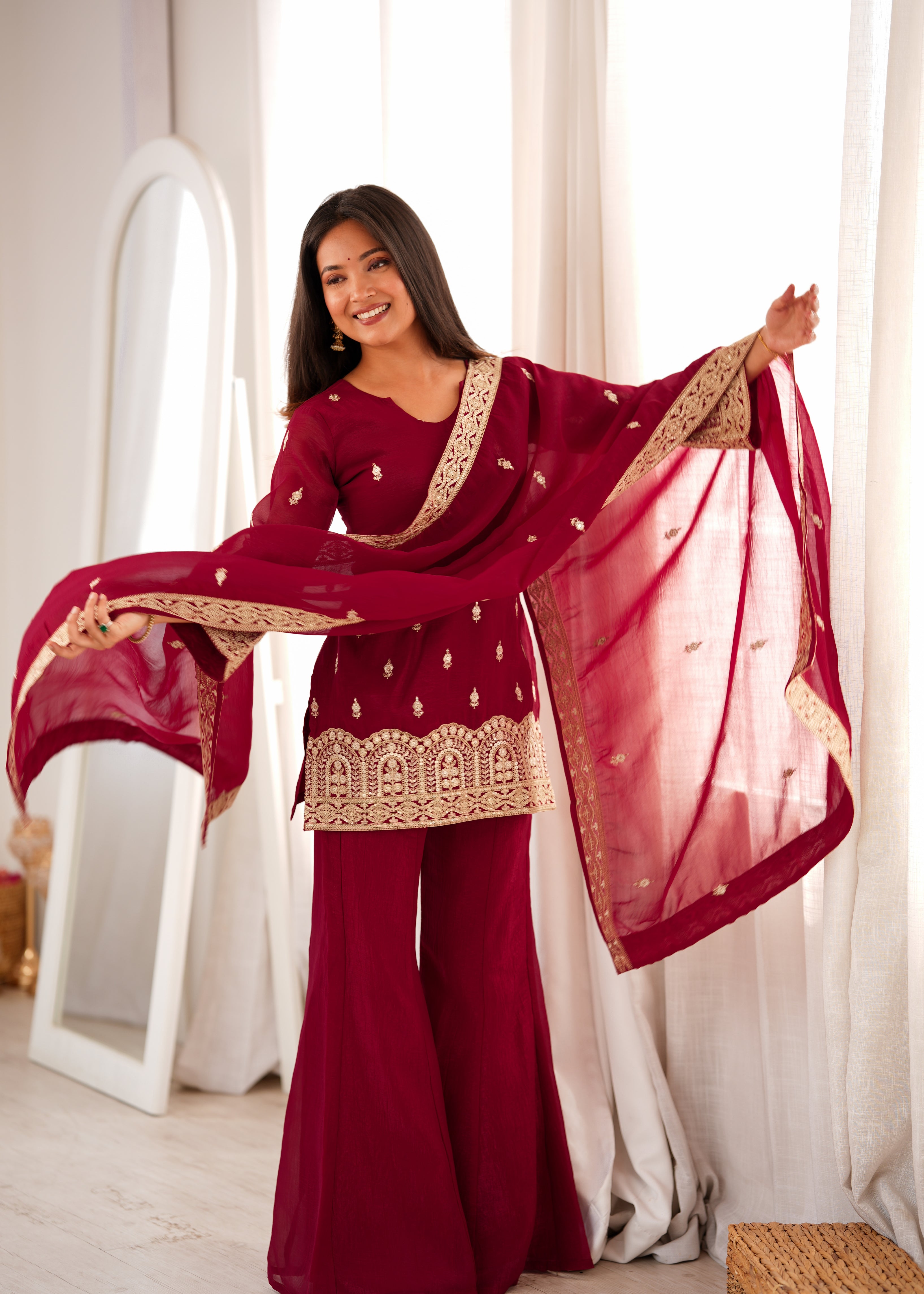 Trendy Maroon Crunchy Silk Fancy Work Kurta Pant Dupatta Set

