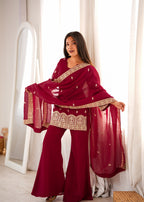 Trendy Maroon Crunchy Silk Fancy Work Kurta Pant Dupatta Set
