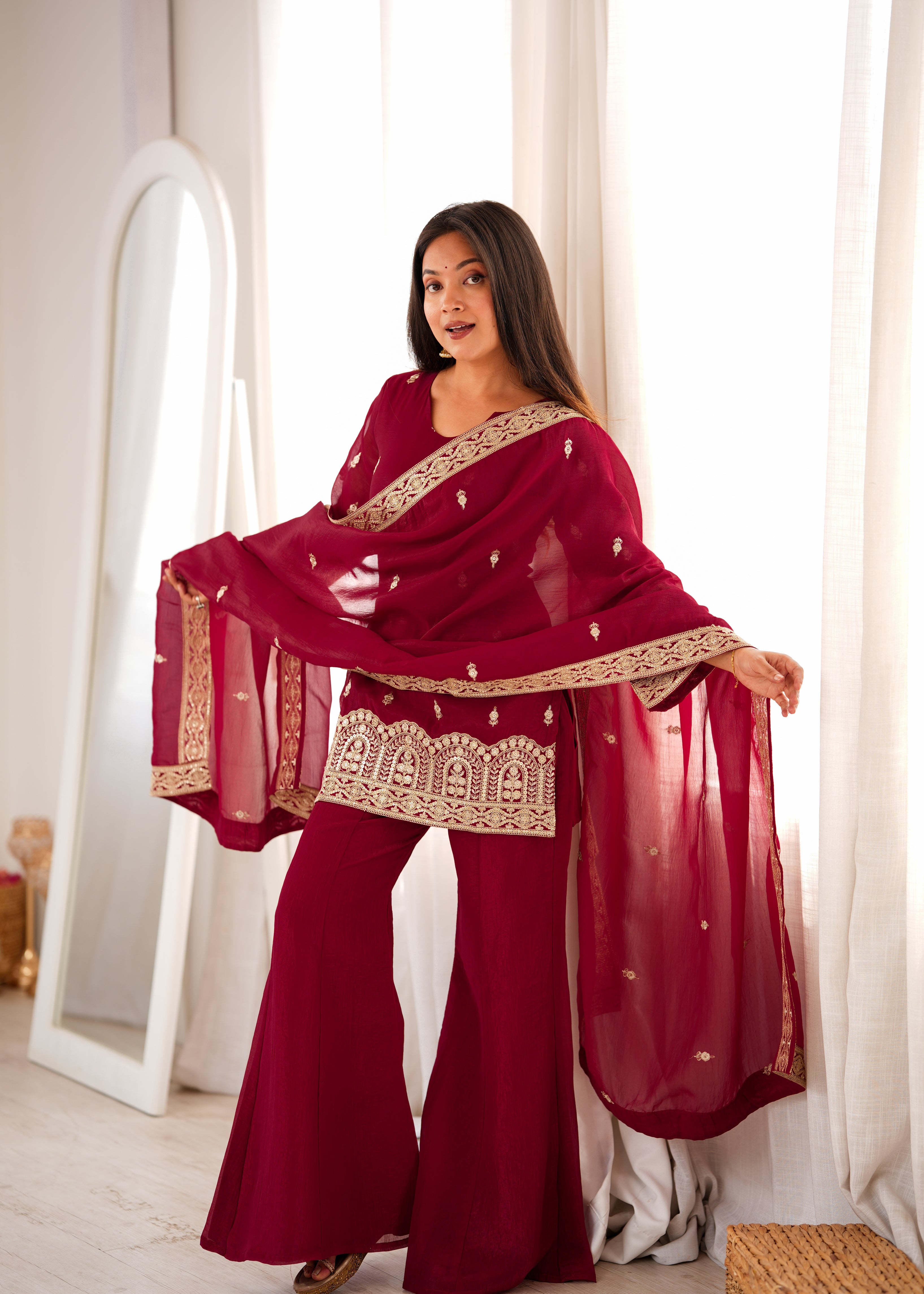 Trendy Maroon Crunchy Silk Fancy Work Kurta Pant Dupatta Set
