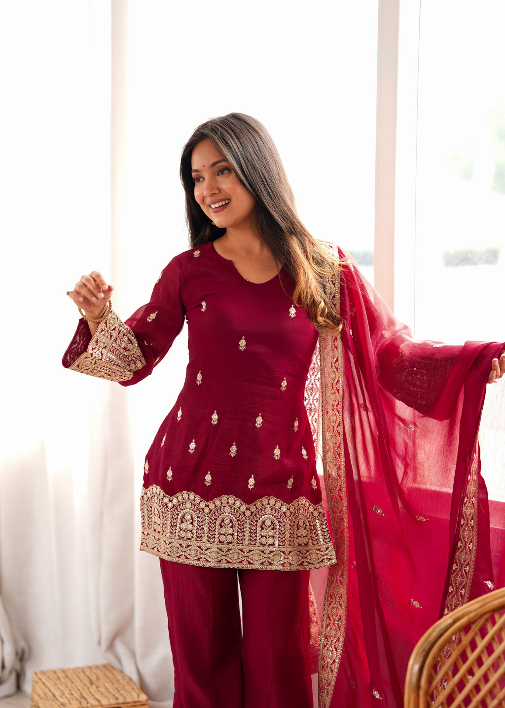Trendy Maroon Crunchy Silk Fancy Work Kurta Pant Dupatta Set
