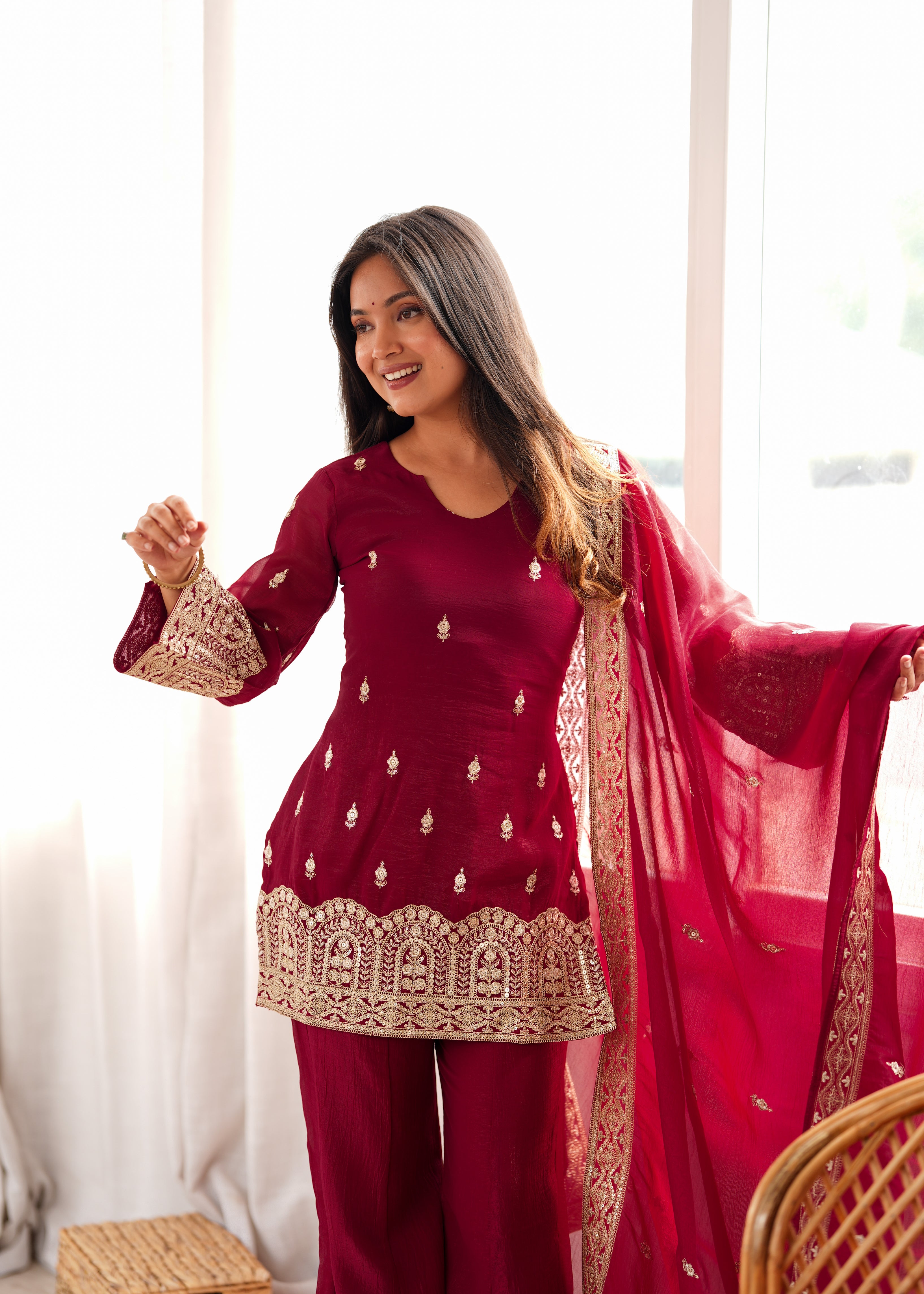 Trendy Maroon Crunchy Silk Fancy Work Kurta Pant Dupatta Set
