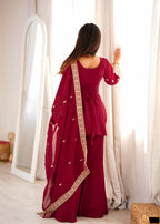 Trendy Maroon Crunchy Silk Fancy Work Kurta Pant Dupatta Set
