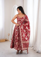 Maroon Banarasi Dola Silk Anarkali Set | Tulip Designer
