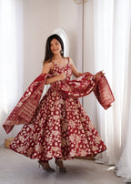Maroon Banarasi Dola Silk Anarkali Set | Tulip Designer
