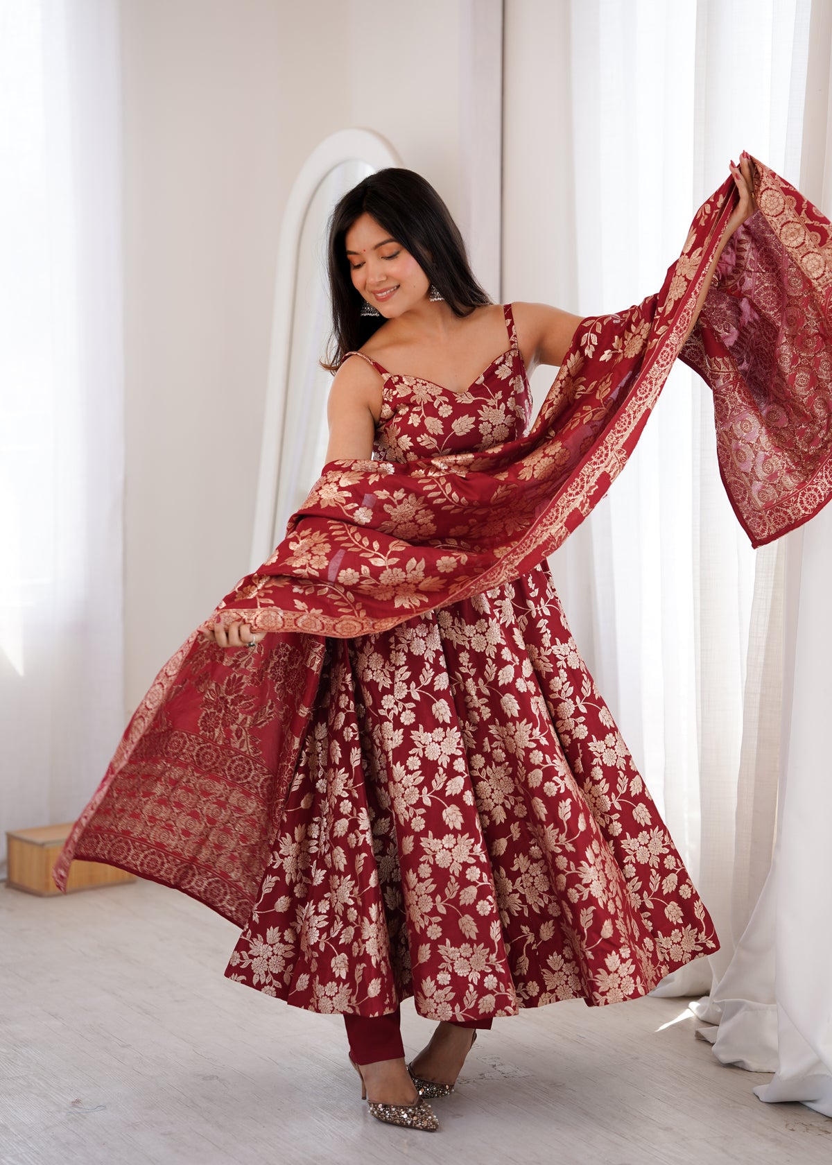 Maroon Banarasi Dola Silk Anarkali Set | Tulip Designer
