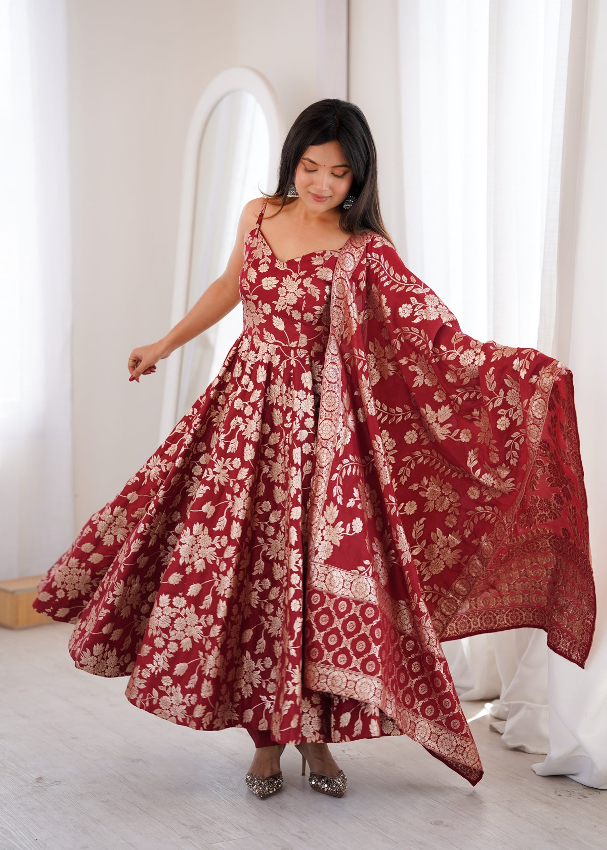 Maroon Banarasi Dola Silk Anarkali Set | Tulip Designer

